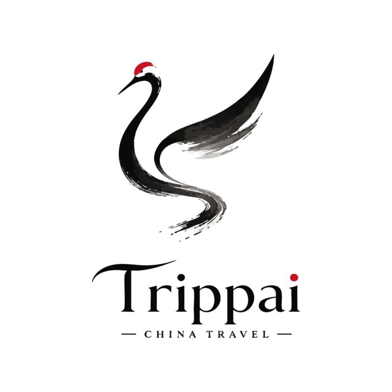 Logo featuring a stylized black crane with a red crown and flowing brush strokes, alongside the text 'China Travel'.