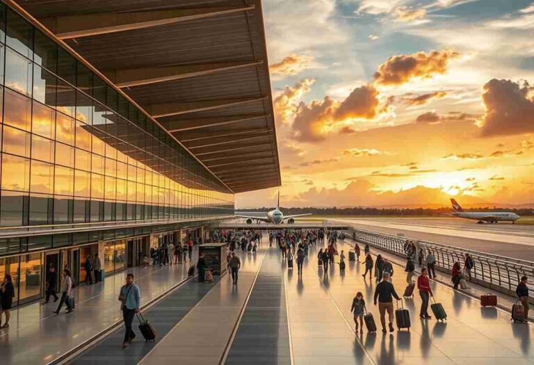 Crowded airport terminal concourse with travelers and luggage heading toward the runway at sunset, with a plane visible in the distance.