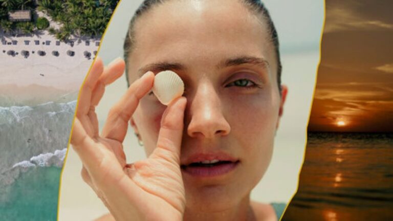 A collage of beach, a woman holding a seashell to her eye in the center, and a sunset on the right.
