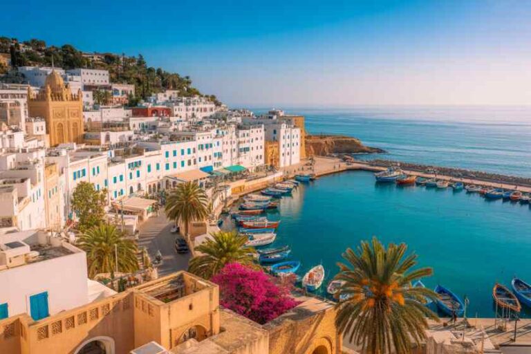 Harbor in a sunlit Mediterranean town: white buildings with blue shutters, palm trees, and colorful boats moored in turquoise water.