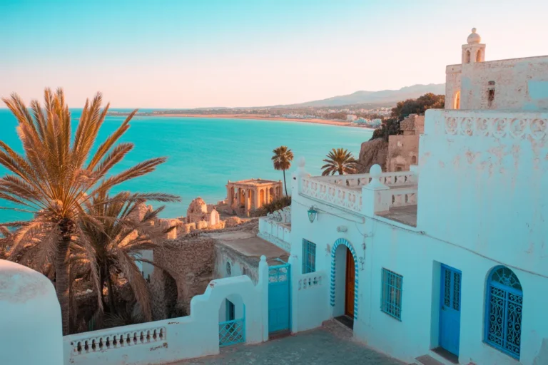 White-and-blue seaside houses overlook a turquoise bay, with palm trees and a distant shoreline in the background opposite the calm sea.
