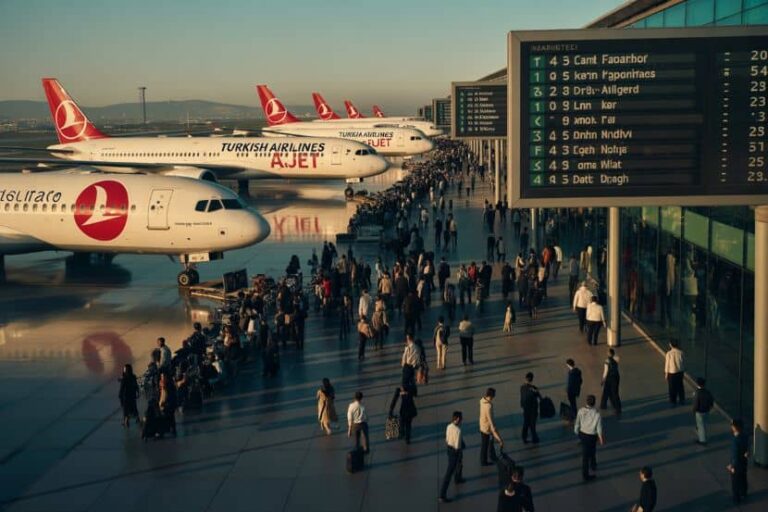Busy airport jet bridge area with Turkish Airlines planes and a large flight board nearby, crowds moving toward gates?