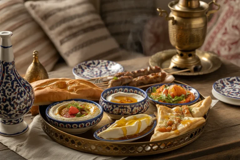 Mezze spread on a brass tray with hummus, dips, bread, skewers, and decorative blue‑and‑white bowls, a brass teapot in the background.
