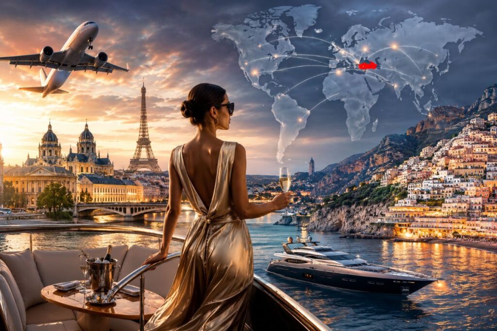 Luxurious woman in a gold dress on a yacht at sunset, holding a champagne glass, with Paris landmarks and a coastal town in the background and a world map showing flight routes above.