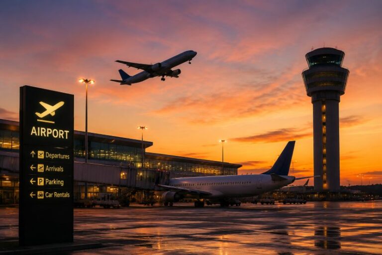 Sunset over the airport with a jet taking off, a parked plane at the terminal, and a tall control tower; sign reads AIRPORT and lists Departures, Arrivals, Parking, Car Rentals.