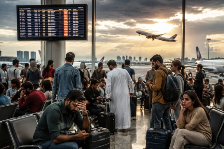 Crowded airport terminal with travelers waiting, luggage, and an airplane taking off outside at sunset.