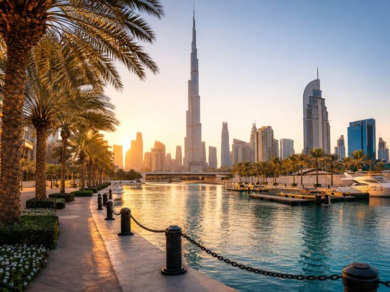 Sunset over Dubai Marina with a palm-lined promenade, calm water, and the Burj Khalifa among modern high-rises.