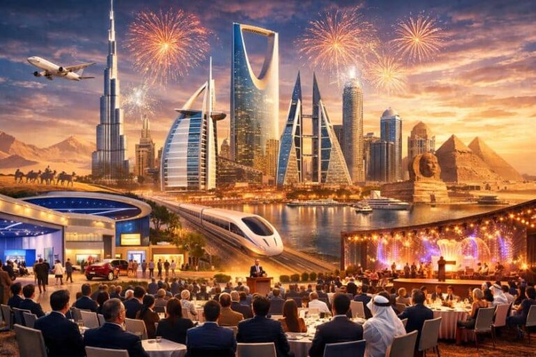 A gala event with attendees seated at round tables along a waterfront, set against a futuristic city skyline with fireworks and a passing high-speed train.