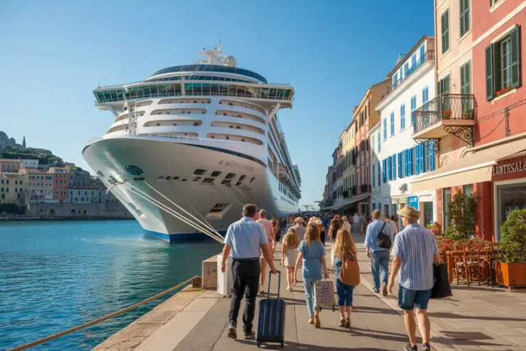 Large cruise ship docked at a sunny harbor with people walking along a waterfront promenade.