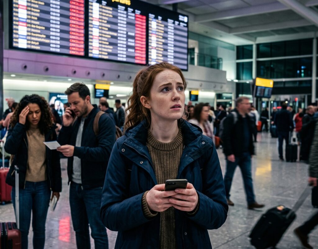 Young woman in a blue jacket stands in a busy airport/rail terminal, looking anxious while holding a smartphone.