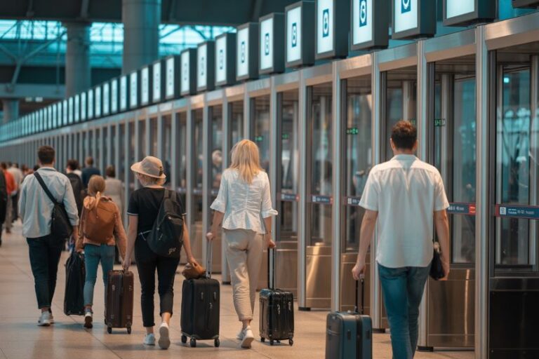 Travelers with rolling suitcases walk through a spacious airport terminal toward departure gates.