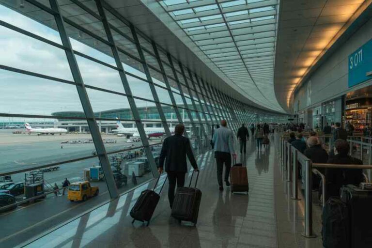 Travelers with rolling suitcases walk along a glass-walled airport terminal concourse overlooking the tarmac and airplanes outside.