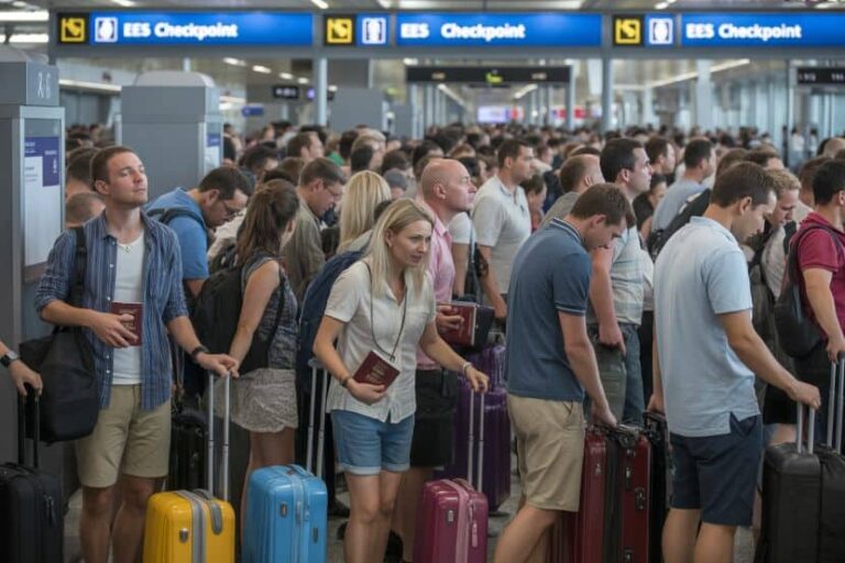 Crowded airport checkpoint line with travelers and suitcases under blue EES Checkpoint signs, many holding passports and boarding passes.