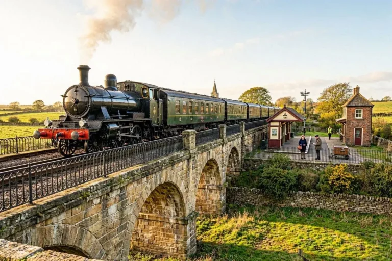Vintage steam locomotive crossing a stone arched bridge in a rural station setting, green carriages trailing behind.