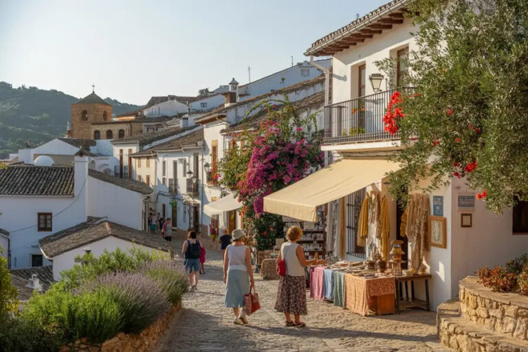 Sunny Mediterranean village street with white-washed houses, blooming flowers, and a market stall selling textiles and pottery; people stroll along a cobblestone path.