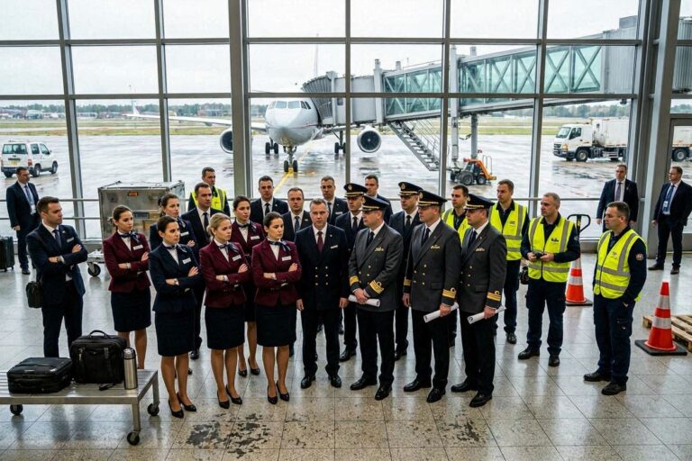 Group of airline staff in uniform and high-visibility vests standing together in an airport terminal, with a jet and jet bridge visible outside.