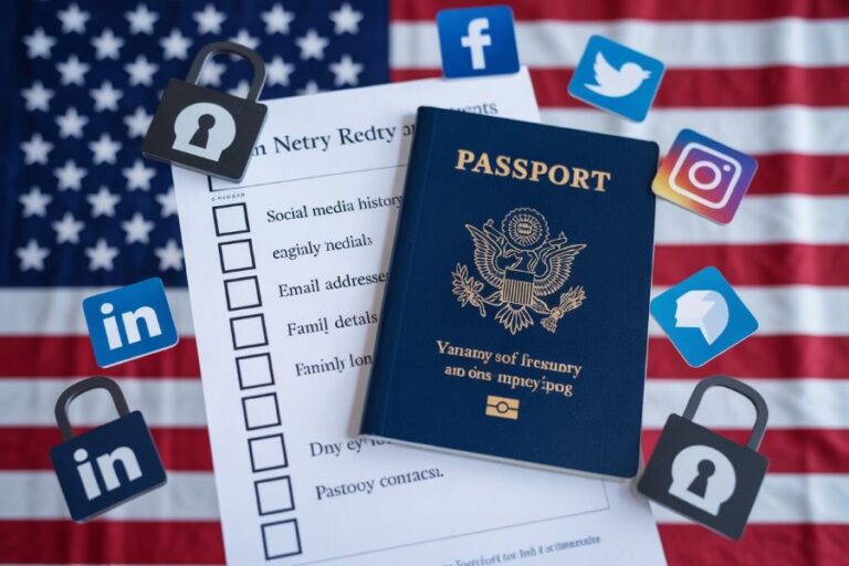 US flag backdrop with a blue passport, a security checklist, social media icons, and padlocks symbolizing online identity and privacy