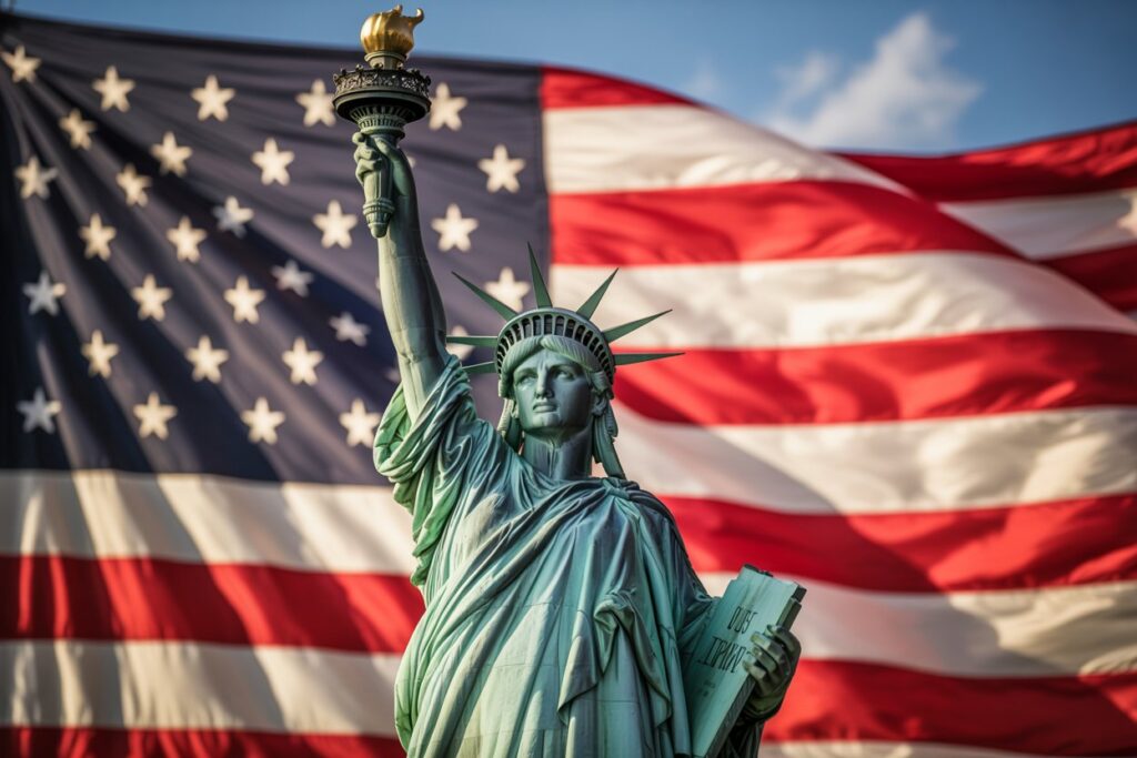 Statue of Liberty with torch raised, against a large waving American flag in the background.