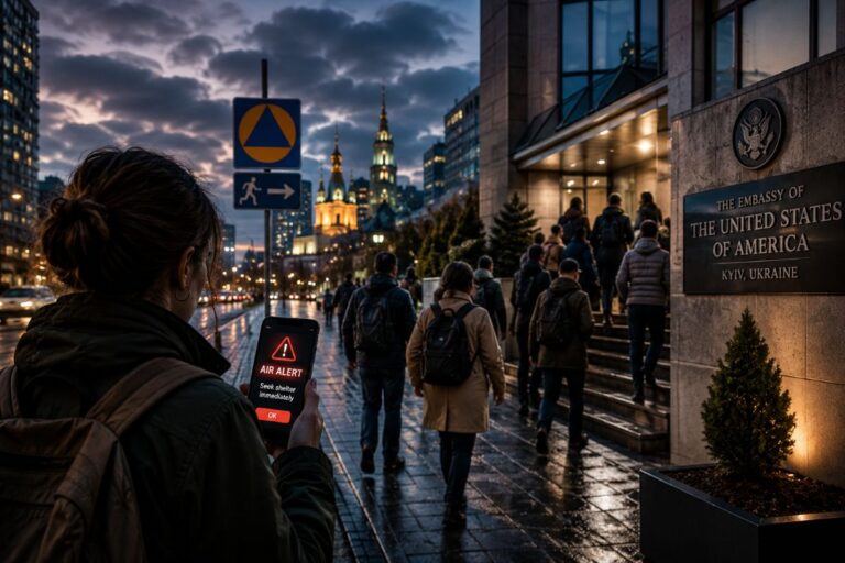 Person with backpack looks at a phone showing an air alert outside the U.S. Embassy in Kyiv, as people queue on a wet sidewalk.