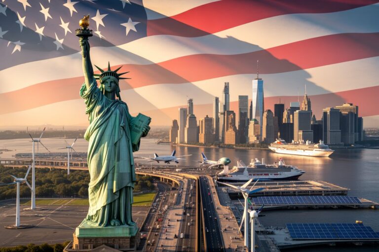 Statue of Liberty in foreground with the Manhattan skyline and a waving American flag overlay above the harbor.