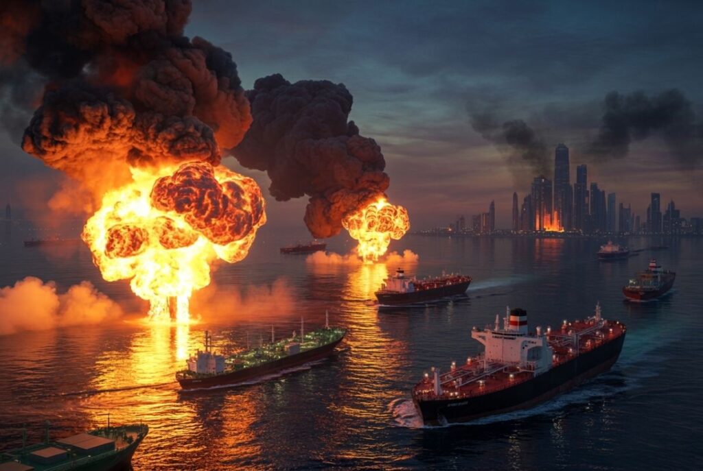 Massive fiery explosion at sea with dark smoke plumes near cargo ships and a distant city skyline at dusk.