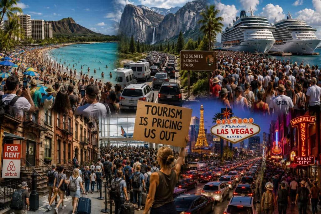 Collage of crowded travel scenes: beach in turquoise water, Yosemite mountains, a highway crowd, Las Vegas sign and nightlife, and Nashville skyline era crowd reveals tourism pressure.