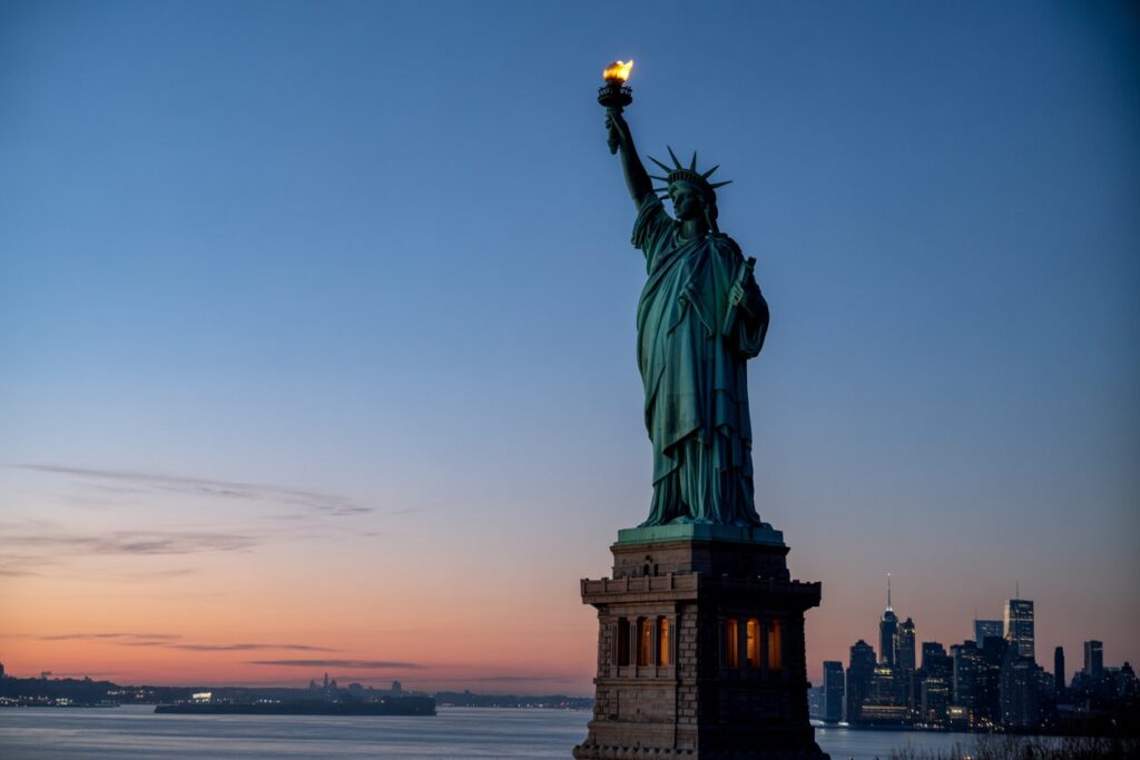 Statue of Liberty raising her torch at dusk with the Manhattan skyline in the distance beneath a twilight sky.