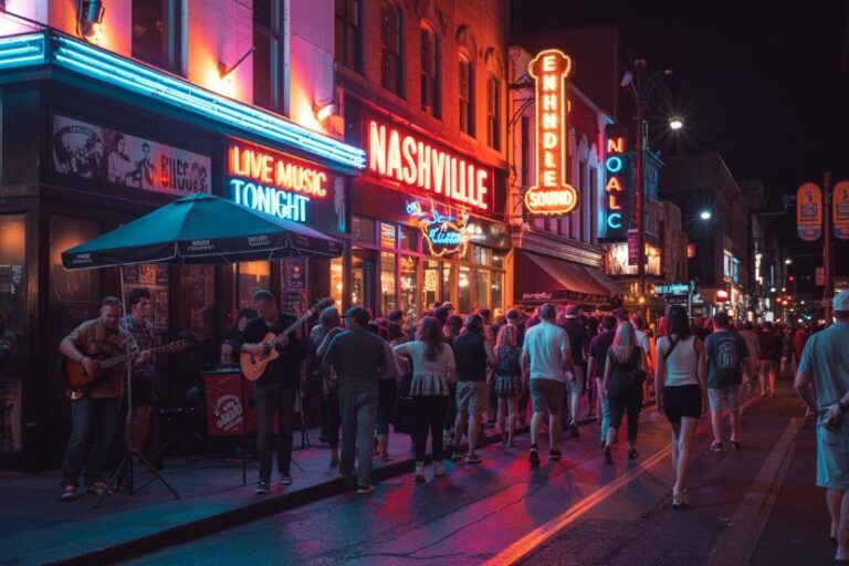 Night street in Nashville with neon signs; live music outside a venue while a crowd walks by.