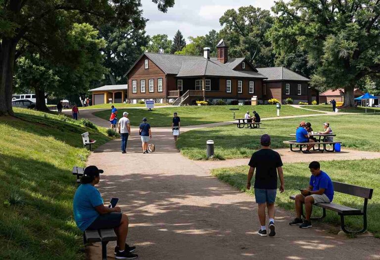 People relax and walk along a paved path in a sunny park with a brown wooden building in the background.