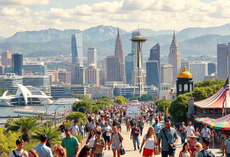 Crowded waterfront promenade in Seattle with the Space Needle and city skyline in the background.