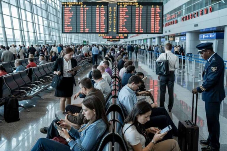 Busy airport terminal with travelers seated in rows, a large departure board overhead, and a uniformed staff member at right.