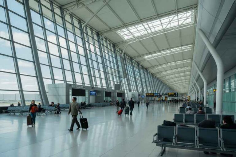 Bright airport terminal with expansive glass walls and skylights; travelers walk with rolling suitcases across a polished floor.