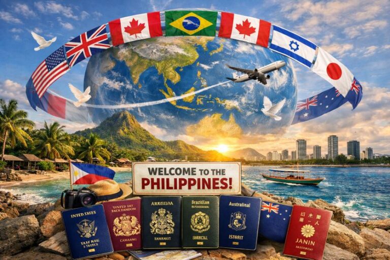 Globe encircled by international flags with a traveling plane; tropical beach foreground features passports and a 'Welcome to the Philippines!' sign.