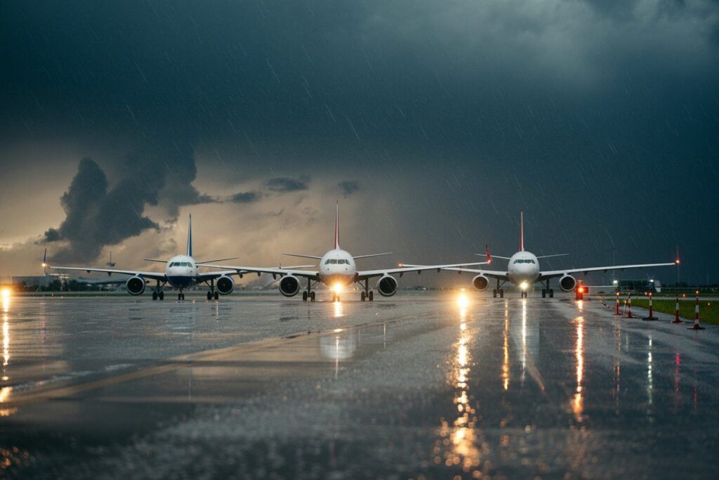 Three airplanes sit on a wet runway during a heavy rainstorm, facing the camera with bright lights reflecting on the tarmac.