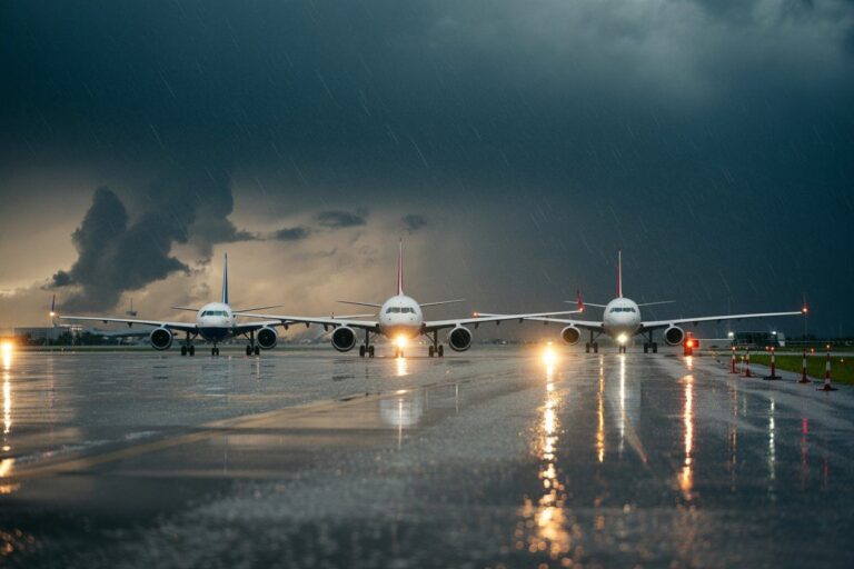 Three airplanes sit on a wet runway during a heavy rainstorm, facing the camera with bright lights reflecting on the tarmac.