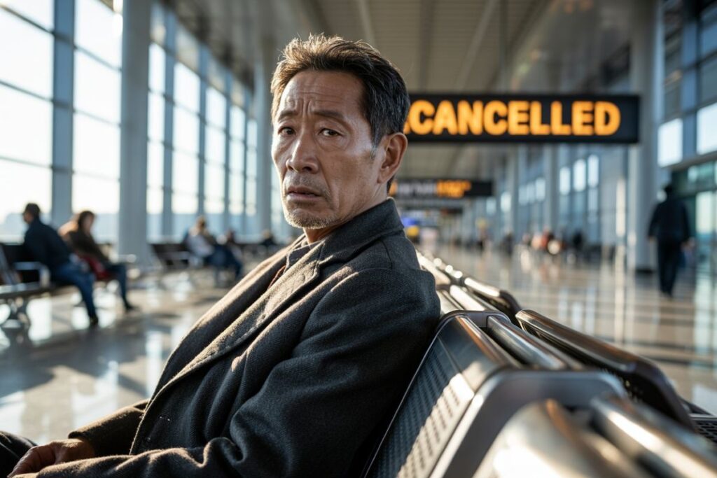Middle-aged man in a dark coat seated at an airport terminal, looking anxious with a 'CANCELLED' sign in the background.