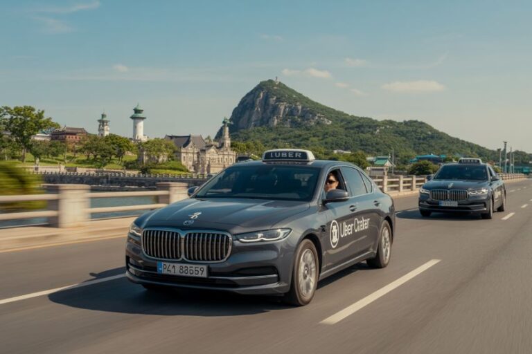 Grey Uber taxi on a multi-lane bridge with a hillside town and a rocky peak in the background.