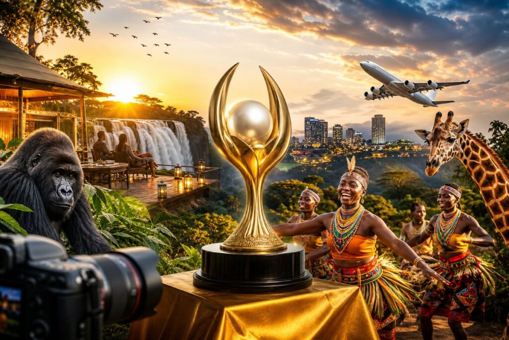 Golden award statue on a table with a sunset backdrop, surrounded by dancers, wildlife (gorilla and giraffe), a waterfall, city skyline, and a flying plane, blending culture and travel themes.