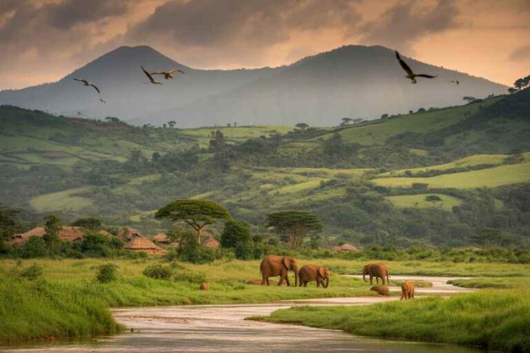 Elephants near a winding river in a grassy savanna with distant hills and mountains at sunset, plus a few birds in the sky
