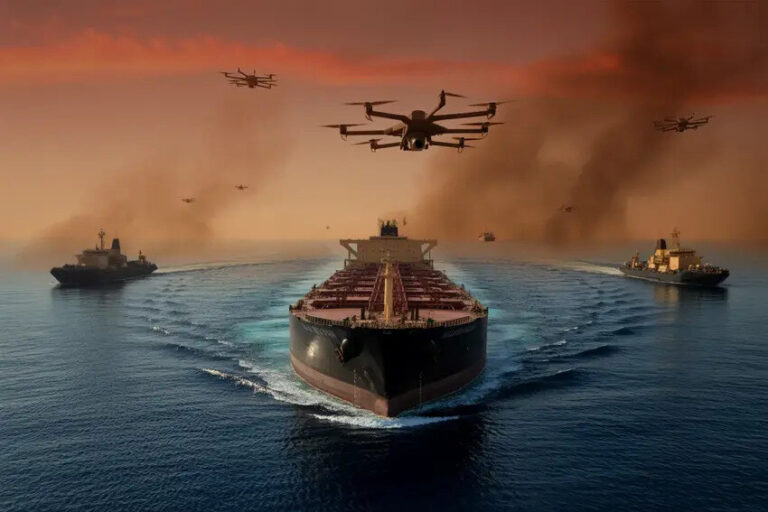 Large cargo ship at sea during sunset, with tugboats nearby and multiple drones flying overhead.