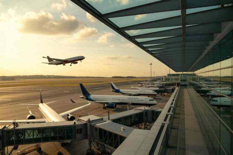 Airplanes docked at a glass-walled terminal as a plane taxis and takes off against a sunset sky.