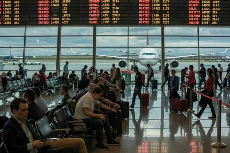 Busy airport terminal with travelers seated and walking with rolling suitcases as a plane sits at the gate outside the glass walls; departure board overhead shows flights and statuses.
