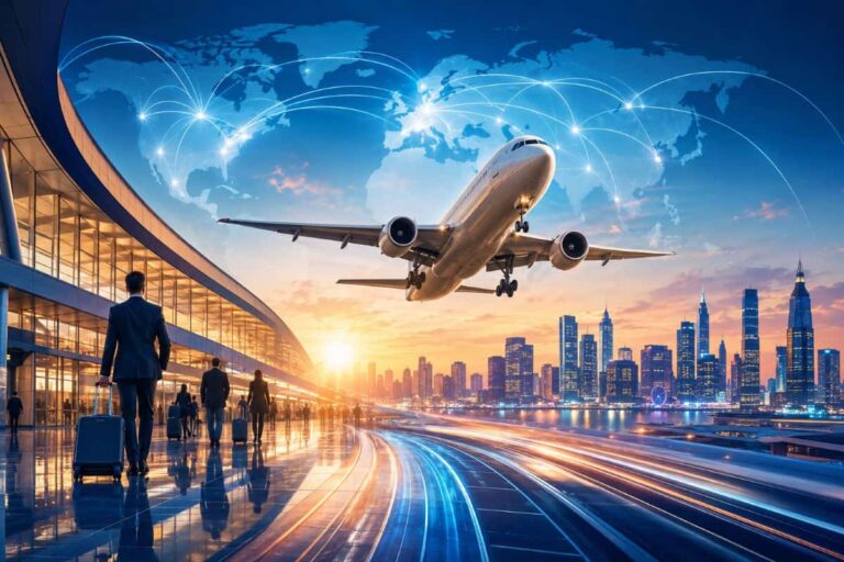 Plane taking off from a modern airport at sunset, with a glowing world-map network and city skyline in the background.