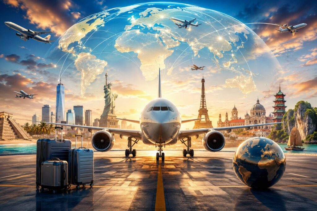Commercial airplane on the runway with a glowing globe and world map backdrop, symbolizing global travel and destinations.