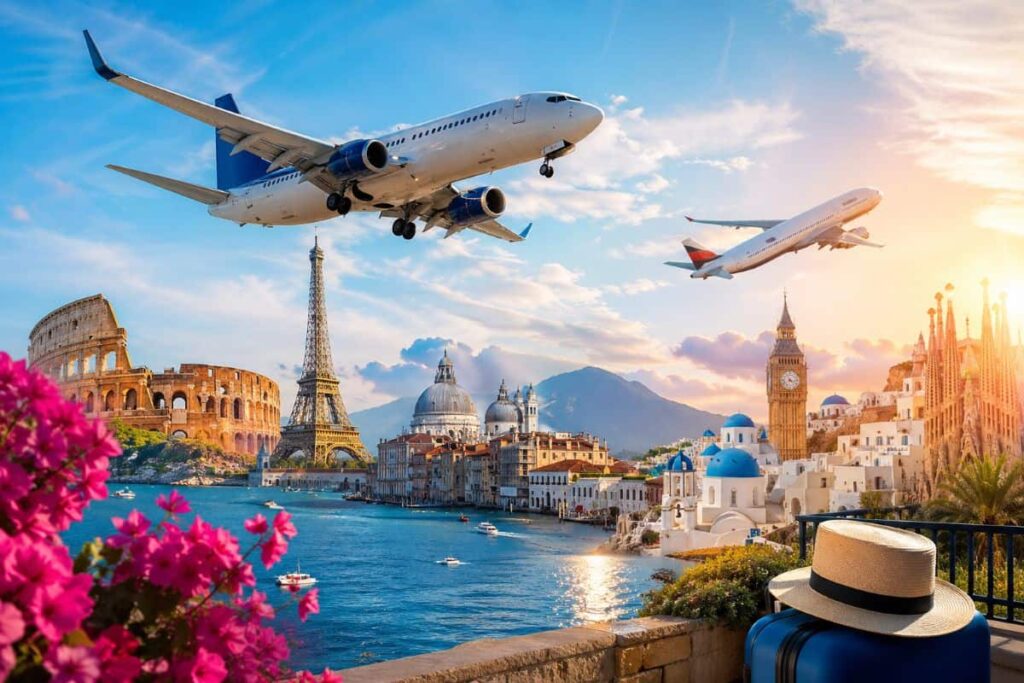 Travel collage: planes fly over a coastal city with iconic landmarks (Colosseum, Eiffel Tower, Santorini domes, Big Ben) and pink foreground flowers and a hat on a suitcase.