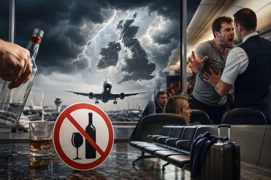 Airport lounge scene showing a no-alcohol sign, a bottle and glass on a table, luggage, and a tense confrontation as a stormy plane approaches outside the window.