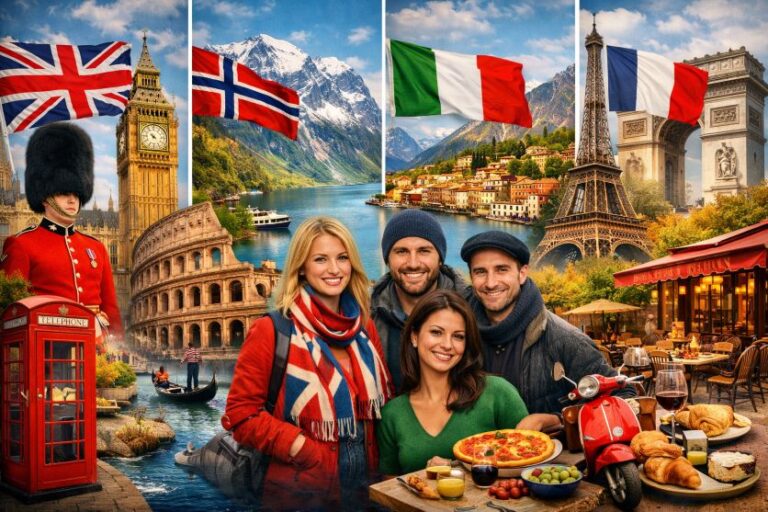Group of four smiling travelers with European landmarks and flags: Big Ben, Colosseum, Eiffel Tower, Italian flag; shared meal and pizza nearby.