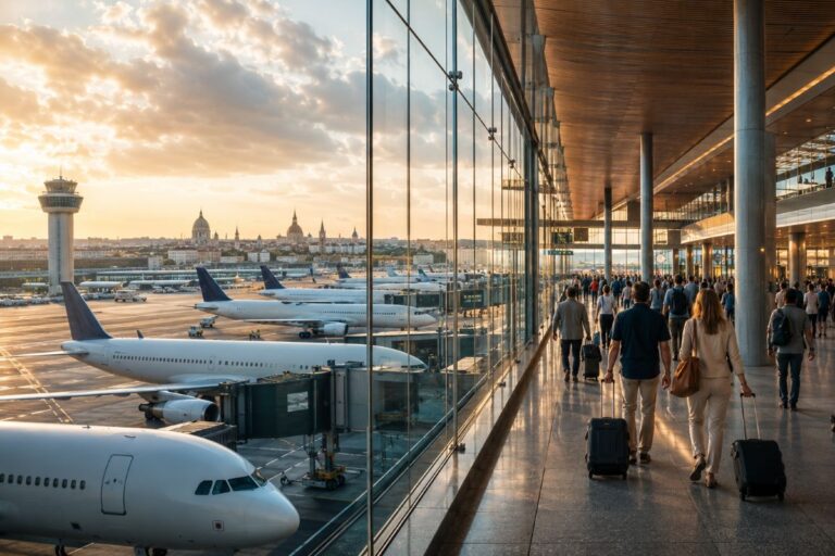 Passengers with rolling suitcases walk through a glass-walled airport terminal at sunset, with planes on the tarmac outside.