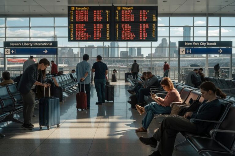 Airport terminal scene with travelers seated and awaiting departures, large digital boards overhead showing flight delays and times in bold text