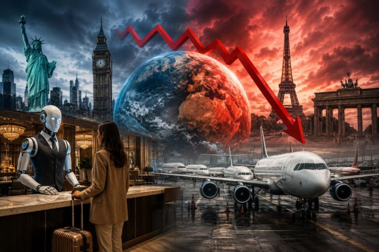 Traveler with a suitcase talks to a humanoid robot at a hotel reception, as airplanes sit on a wet tarmac with a giant Earth and a red downward arrow overhead, conveying travel disruption.